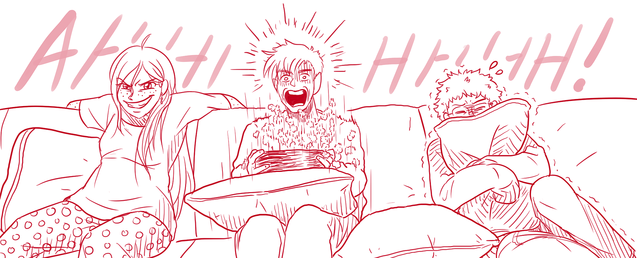 Three people on a couch watching a television out of view. The girl grins mischeviously with both arms hanging across over the couch. The boy in the middle screams, popcorn in the bowl across his lap flying into the air. Next to him, the other boy hides behind a pillow in terror.