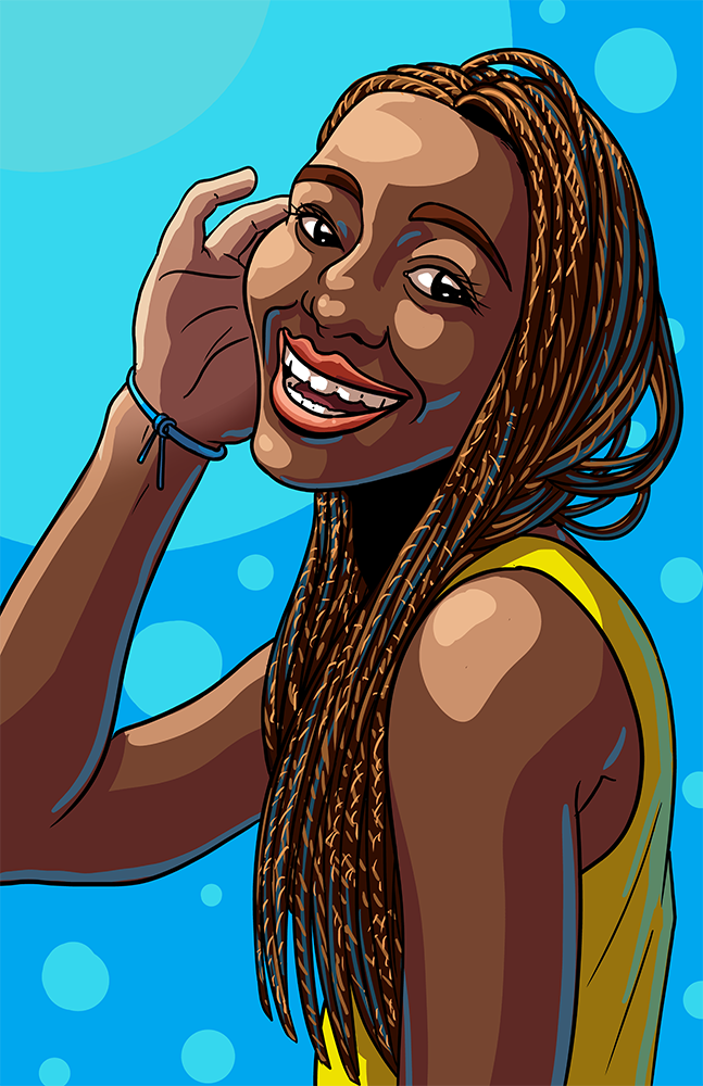Portrait of an African American woman smiling wearing a yellow tank top against a blue background.
