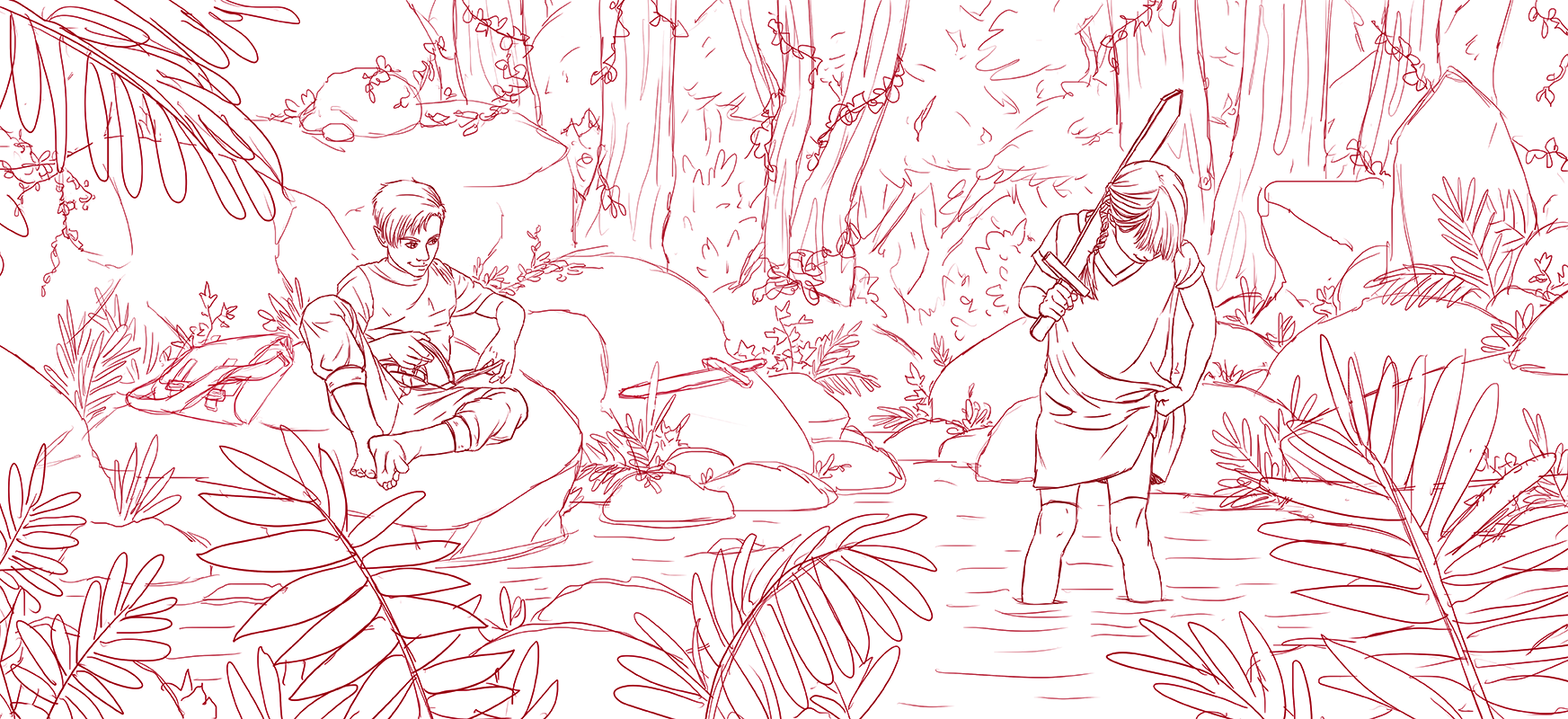Two preteens in a jungle-like environment at a pond. The boy sits on a large rock, reading a book, his eyes drifting to the girl. She is standing in the water, holding up her dress with one hand to prevent it from getting wet and gazing into the water. In her other hand she holds a wooden sword over her shoulder.