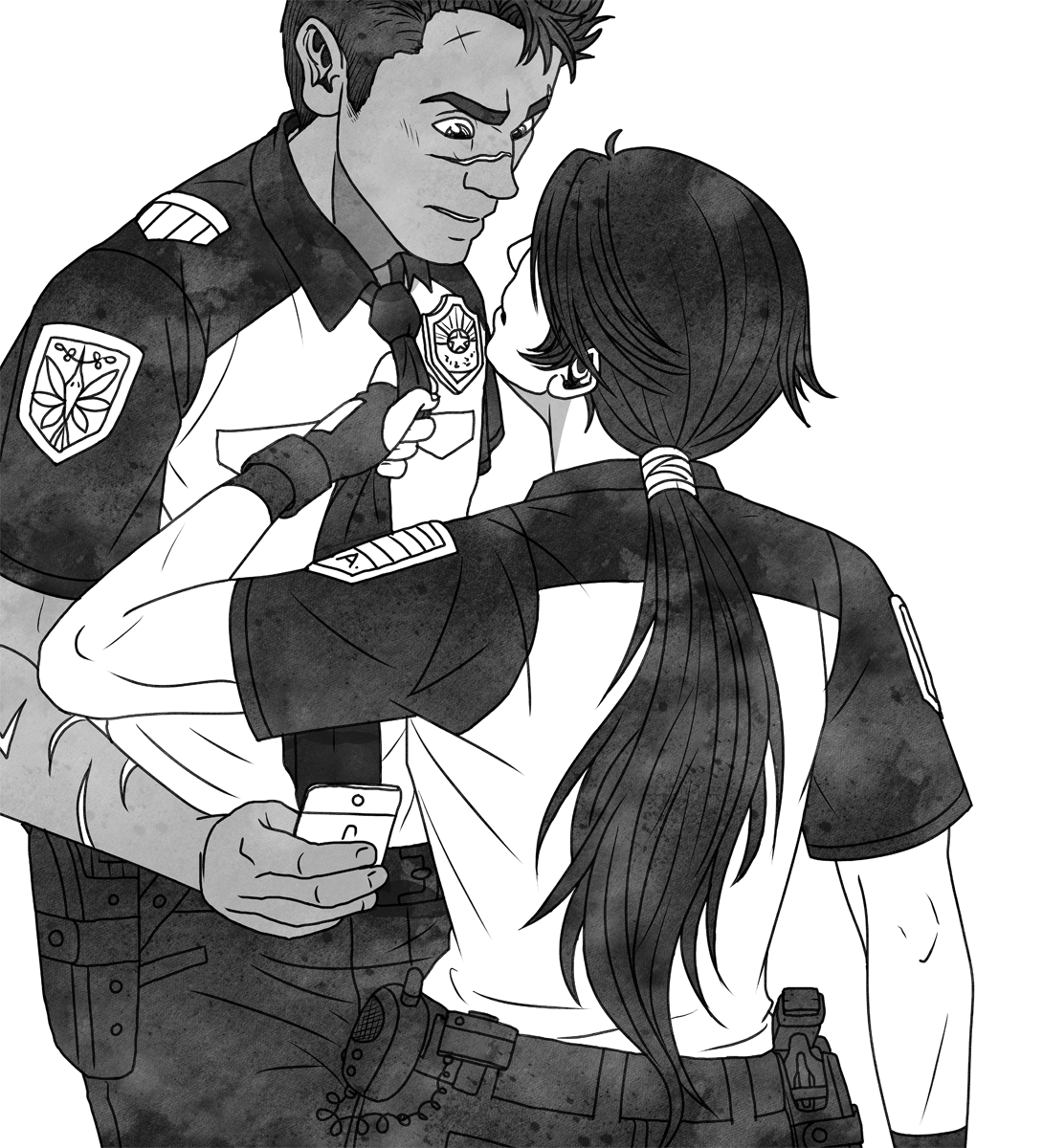 Two officers in uniform. The man with scars on his face and arm is holding a phone while the shorter woman with long black hair grabs him by the phone, forcing his attention to her.