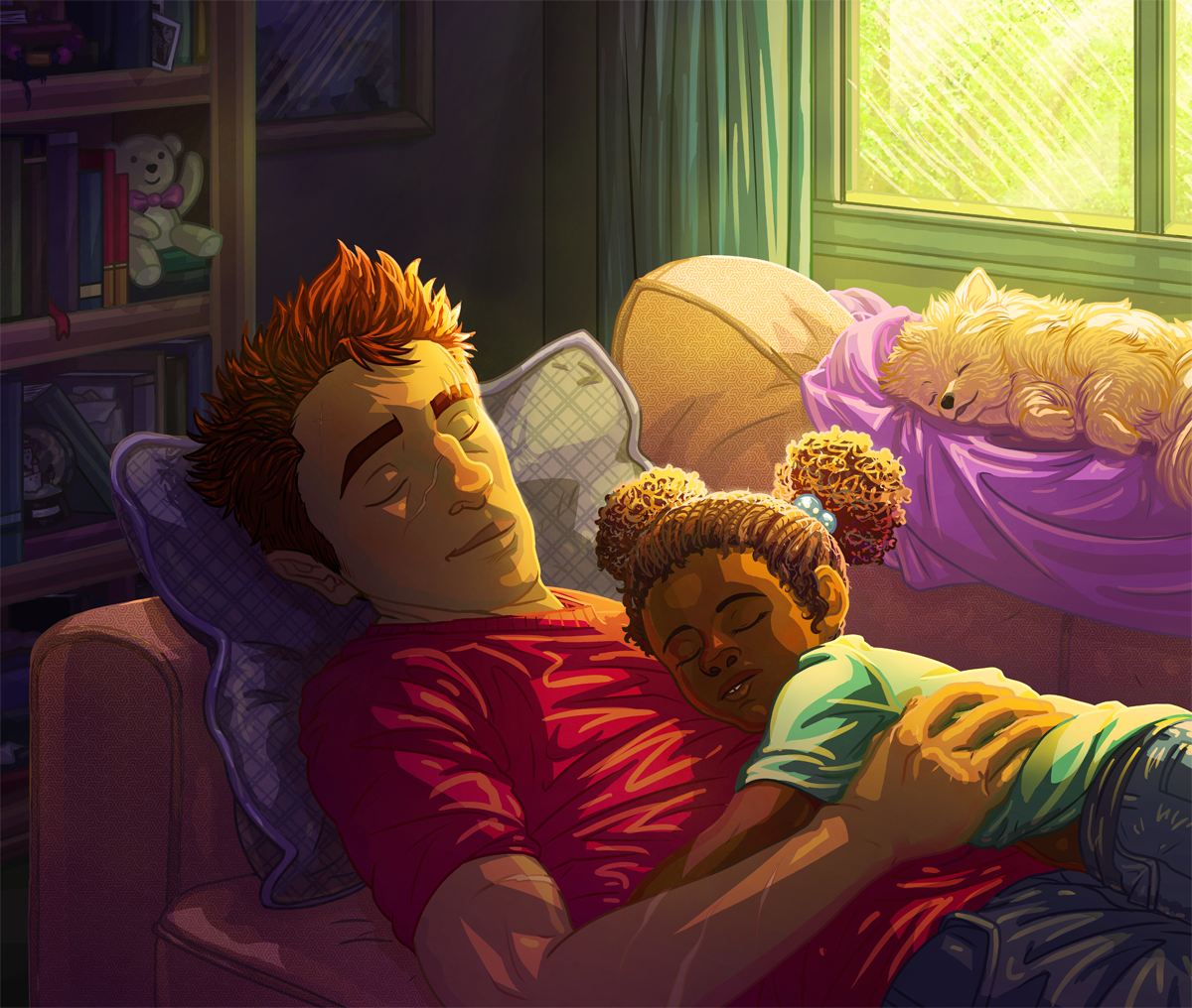 Father sleeping on a couch with one of his children asleep on his chest. Both look peaceful and light is shining on them from the window. A small pomeranian is also asleep on the top of the couch, curled up on a blanket.